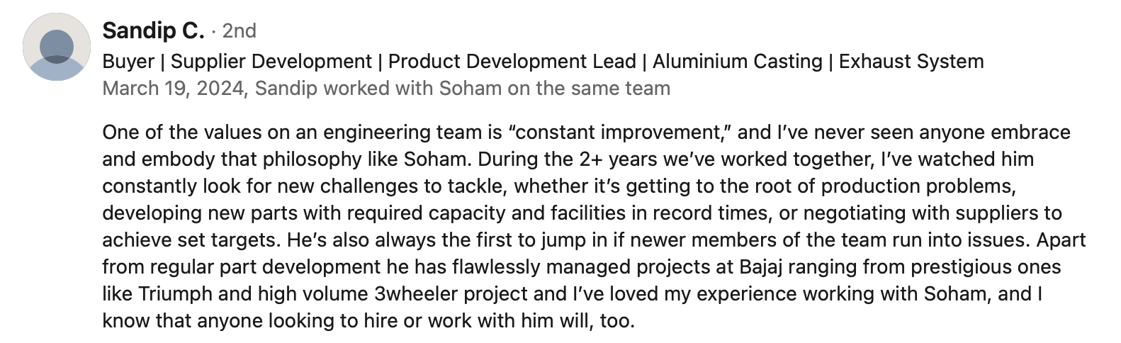 LinkedIn recommendation from Sandip Chougale